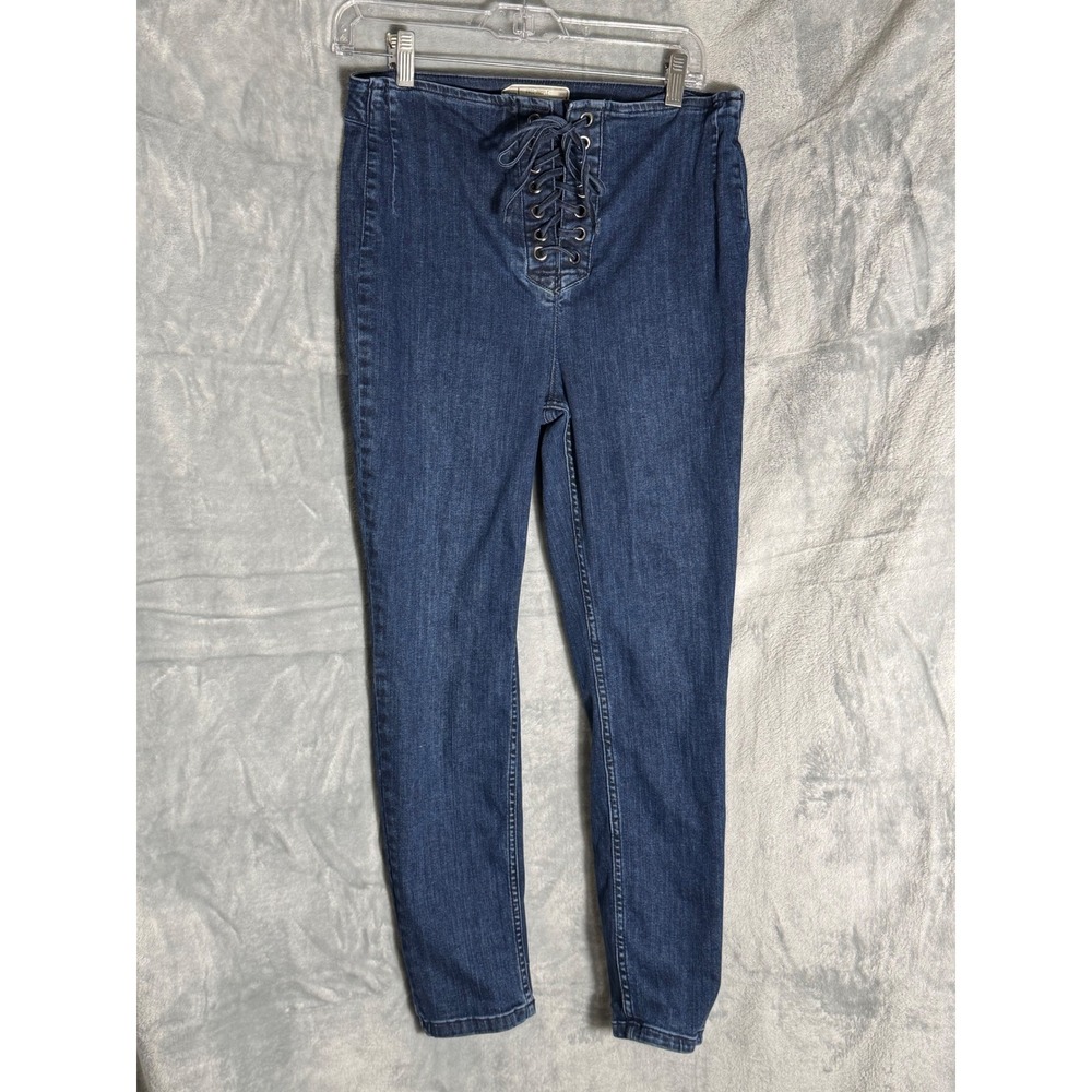 Free People Lace Up Front High Rise Skinny Jeans Dark Wash Blue Size 31